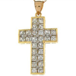 10k Yellow Gold Sparkle White CZ 4.0cm Long Cross Religious Charm Pendant Jewelry