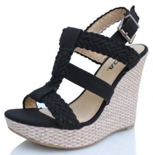 Black Cotton Braided Triple T Strap Slingback Raffia Platform Wedge Pecan 85 Pumps Shoes Shoes