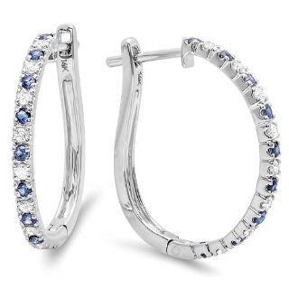 0.50 Carat (ctw) 14k White Gold Round Blue Sapphire and White Diamond Ladies Hoop Earrings 1/2 CT Jewelry