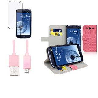 CommonByte Pink Wallet Leather Case+Clear Film+Cable for Samsung Galaxy S III S 3 i9300 Cell Phones & Accessories