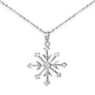 Snowflake Necklace Pendant 8 point with 9 CZs Rhodium on Sterling Silver, 20 inch Jewelry