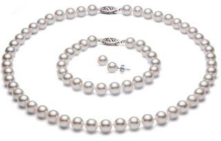 PremiumPearl 7 7.5mm White Cultured Akoya Saltwater Pearl Set AAA Quality White Gold Pearl Strands Jewelry