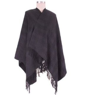 Capelli New York Raised Textured Plaid Effect Woven Ruana With Fringe Black Cold Weather Scarves