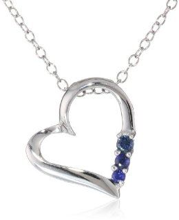 Sterling Silver and Three Stone Blue Sapphire Heart Pendant Necklace, 18" Jewelry
