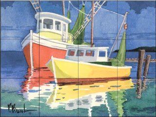 Fishing Boats at Dock by Paul Brent   Kitchen Backsplash / Bathroom wall Tile Mural   Ceramic Tiles  