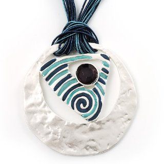 Tribal Hammered Round Blue Silk Cord Pendant (Silver Tone) Pendant Necklaces Jewelry