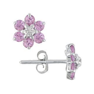 10k White Gold Pink Sapphire and Accent Diamond Earrings (0.01 Cttw, G H Color, I2 I3 Clarity) Stud Earrings Jewelry