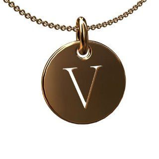Initial Letter V 14K Pink Gold Disc Pendant Necklace P&P Luxury Jewelry