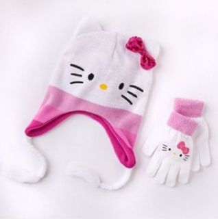 Hello Kitty Hat and Gloves Set   Girls (Pink Stripes) Novelty Knit Caps Clothing