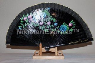 Black Spanish Flamenco Vintage Style Dance Wooden Folding Hand Held Fan Flowers w Base  