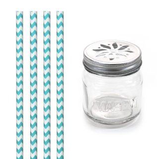 Dress My Cupcake DMC31326 Vintage Glass Drinking Mason Jar Sippers with Flower Lid and Paper Straws Party Kit, Diamond Blue Chevron, Set of 12  Other Products  