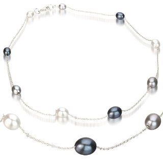 Sterling Silver 6 10mm Oval Multi Color White, Grey and Black Graduated Freshwater Pearl Tin Cup Necklace AAA Quality, 18+2 Inch Unique Pearl Jewelry