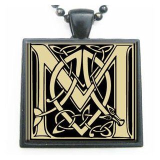 Beautiful Celtic Letter M Glass Tile Pendant Necklace with Black Chain Jewelry