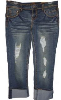 Almost Famous Capri Jeans Size 7 Distressed Unfinished Blue Denim
