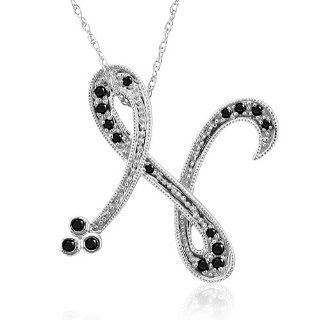 14k White Gold Alphabet Initial Letter N Black Diamond Pendant Necklace 0.12 carat Jewelry