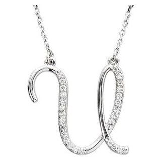 14k White Gold Alphabet Initial Letter U Diamond Pendant Necklace, 17" (GH Color, I1 Clarity, 1/8 Cttw) Chain Necklaces Jewelry