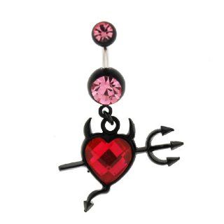 Black Anodized Stainless Steel Belly Ring   Pink Cubic Zirconia   Heart with Devil Horns, Tail, and Pitchfork   14g Jewelry