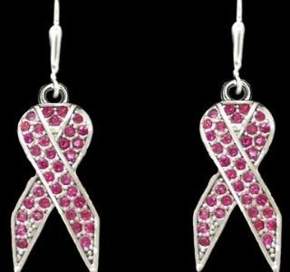 Pink Ribbon Pink Crystal Rhinestone Sparkling 1 inch long Earrings  Celebrate Breast Cancer Research, Survivors, Loved Ones who have Endured Breast Cancer, & Susan B Koman "Race for the Cure" They Sparkle and Think Pink Sports & Outd