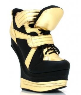 Harkins Black & Gold Wedge Fashion Sneakers Heel Less Platform High Top Booties Lace Up (6.5) Shoes