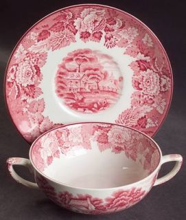 Enoch Wood & Sons English Scenery Pink (Older,Smooth) Flat Cream Soup Bowl & Sau