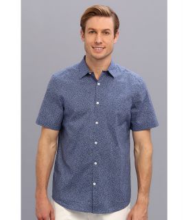Perry Ellis Slim Fit S/S Mini Square Print Shirt Mens Short Sleeve Button Up (Blue)