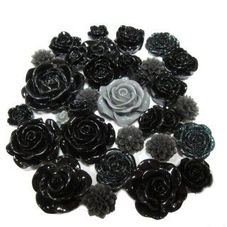 DIY Jewelry Making; Approximately 50 pcs Black themed resin cabochon flowers.