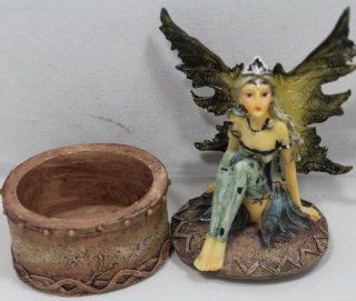 Rock Metal Fantasy Fairy Gothic Fairy in a Purple & Gray Dress with Lime Green Wings Sits on top of Small Resin Box. Such a Delicate & Beautiful Fairy Could be used to Store your Special "Magical" Rings) or the Perfect Surprise Magical 