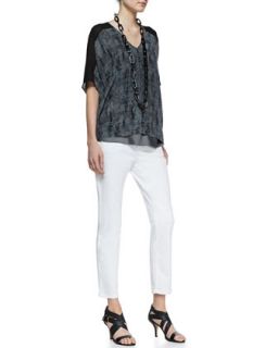 Eileen Fisher Printed Silk V Neck Top & Organic Skinny Ankle Jeans, Petite