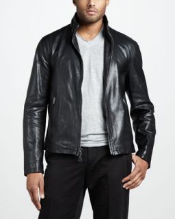 John Varvatos Slim Leather Jacket & Linen V Neck Tee