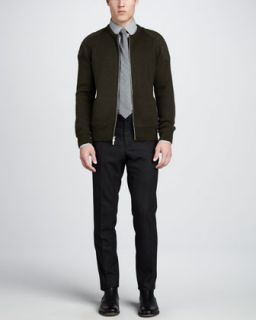 Vince Down Quilted Puffer Vest, Ribbed Button Front Cardigan, Heather Knit Long Sleeve Shirt & Tweed Trousers
