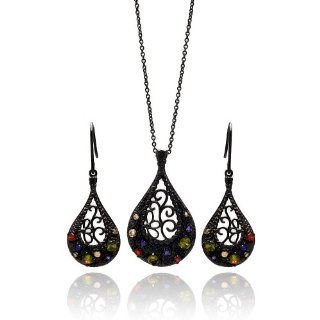 Nickel Free Brass Necklace & Earring Sets Black Rhodium Open Teardrop With Multi Color Cubic Zirconia Set Pendant Measurement 19.8mm X 34mm Earring Measurement 28.4mm X 15.2mm Chain Adjustable 16 18 Inches Jewelry
