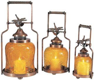 Set of 3 Amber Glass Dragonfly Nested Lanterns   Decorative Candle Lanterns