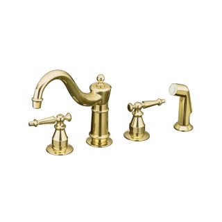 KOHLER Antique Vibrant Polished Brass Low Arc Kitchen Faucet with Side Spray