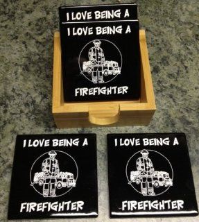 Laser Engraved Ceramic Tile Coaster Set & Holder  I Love Being a Firefighter  