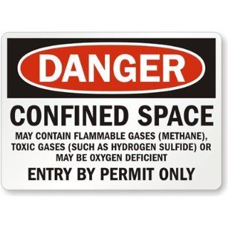 Confined Space   May Contain Flammable Gases (Methane), Toxic Gases (Such As Hydrogen Sulfide) Or May Be Oxygen Deficient, Entry By Permit Only, Plastic Sign, 14" x 10" Industrial Warning Signs