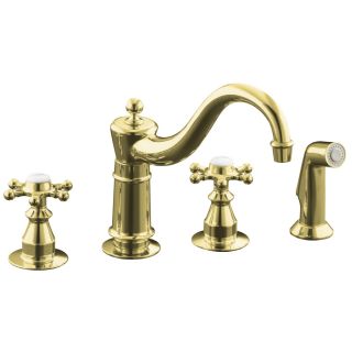 KOHLER Antique Vibrant Polished Brass Low Arc Kitchen Faucet with Side Spray