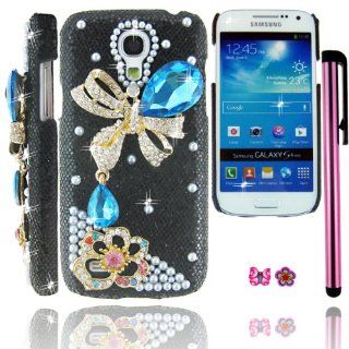 FiMeney Luxury Handmade Blue Crystal Diamond Rhinestones Bow Bowknot Colourful Flower Pearls Black Glitter Back Hard Protective Case Cover For Samsung I9190 I9192 I9195 Galaxy MINI S4 (NOT FOR S4) + Cleaning Cloth + 2013 Calendar Card + Pink Stylus Pen + B