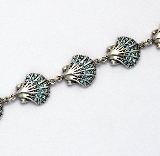 Sterling Silver 8" Scallop Shell Bracelet w/Aqua Swarovski Cubic Zirconia Stones Jewelry