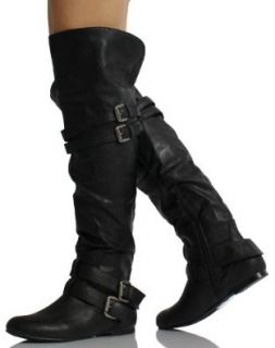 Black Leatherette Double Buckle Cuff Over the Knee High Heel Boots Vickie 16 HI Shoes