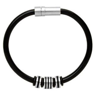 Men's Rubber Bracelet with Three Removable Beads Each Bead Contains Black IP Plated Line That Goes Around The Bead. Jewelry