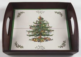 Spode Christmas Tree Green Trim Square Wood Frame Tea Tray with Tile Insert, Fin
