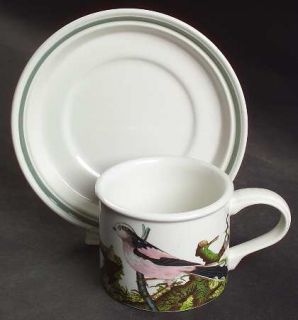 Portmeirion Birds Of Britain (Green Band On Rim) Drum Flat Cup & Saucer Set, Fin