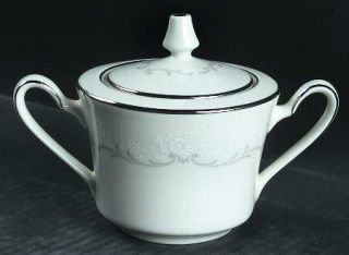 Noritake Irene Sugar Bowl & Lid, Fine China Dinnerware   White Flowers,Gray Scro