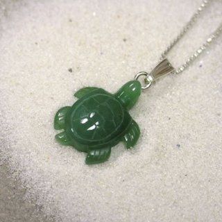 Hand Carved Nephrite Jade Turtle Pendant Necklace w/ Wooden Gift Box Jewelry