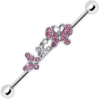 Pink Gem Soaring Butterfly Industrial Barbell 37mm Body Piercing Barbells Jewelry