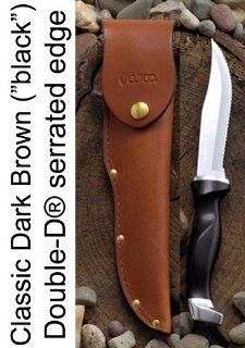 Model 1769 CUTCO Hunting Knives with leather sheaths. 5 3/8" Double D serrated OR Straight Edge blades. Available with either Classic Dark Brown OR White (Pearl) handlesSee availability/order page to select the blade and handle of your choice.  Spor