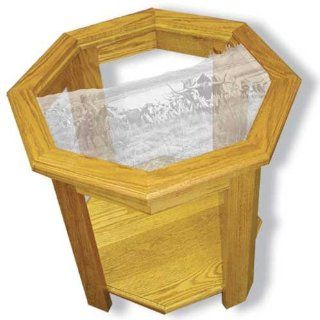 Oak Glass Top End Table With Cattle Drive Etched Glass   Cattle Drive End Table Furniture   Unique Cattle Drive Gift Ideas   Fully Assembled   22" x 22" x 20" high  