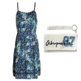 Aeropostale Womens; Juniors Navy Night Floral Woven Dress and Pearl (Off White) Solid Aero Logo Tri Fold Wallet, Size Small (S)
