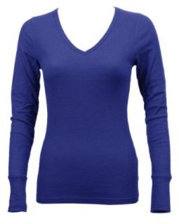 Clothes Effect Ladies Royal Blue Long Sleeve Thermal Top V Neck Pullover Sweaters