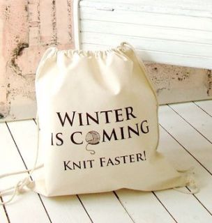 'winter is coming' knitting bag, drawstring by kelly connor designs knitting bags and gifts